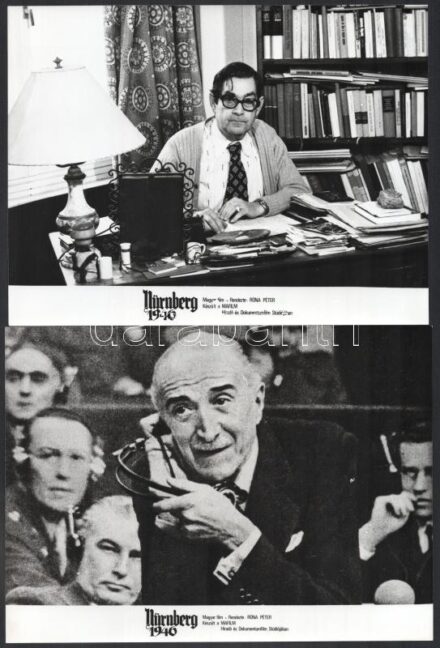 cca 1983 ,,Nürnberg 1946' című magyar dokumentumfilm jelenetei és szereplői, 9 db vintage produkciós filmfotó, ezüst zselatinos fotópapíron, a használatból eredő - esetleges - kisebb hibákkal, 18x24 cm