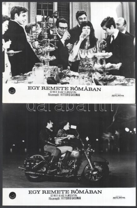 cca 1968 ,,Egy remete Rómában' című olasz filmszatíra jelenetei és szereplői, 9 db vintage produkciós filmfotó, ezüst zselatinos fotópapíron, a használatból eredő - esetleges - kisebb hibákkal, 18x24 cm