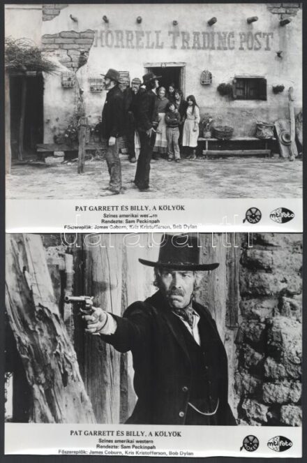 cca 1973 ,,Pat Garrett és Billy, a kölyök' című amerikai westernfilm jelenetei és szereplői (köztük James Coburn, Kris Kristofferson, Bob Dylan), 7 db vintage produkciós filmfotó, ezüst zselatinos fotópapíron, a használatból eredő