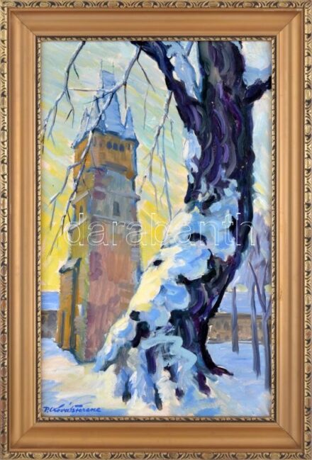P. Kováts Ferenc (1911-1983): A nagybányai Szent István-torony télen. Olaj, vászon, jelezve balra lent, hátoldalán autográf felirattal. Proveniencia: Vásárlás a művésztől, 1970 körül. Dekoratív fakeretben. 60x38 cm / Ferenc P.