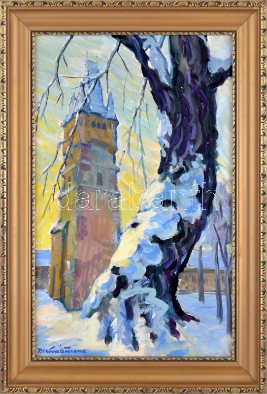 P. Kováts Ferenc (1911-1983): A nagybányai Szent István-torony télen. Olaj, vászon, jelezve balra lent, hátoldalán autográf felirattal. Proveniencia: Vásárlás a művésztől, 1970 körül. Dekoratív fakeretben. 60x38 cm / Ferenc P.
