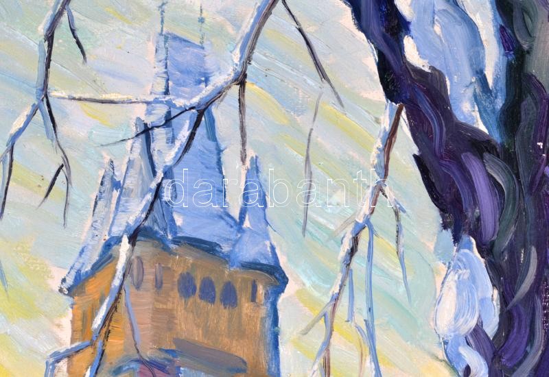 P. Kováts Ferenc (1911-1983): A nagybányai Szent István-torony télen. Olaj, vászon, jelezve balra lent, hátoldalán autográf felirattal. Proveniencia: Vásárlás a művésztől, 1970 körül. Dekoratív fakeretben. 60x38 cm / Ferenc P. - Image 2