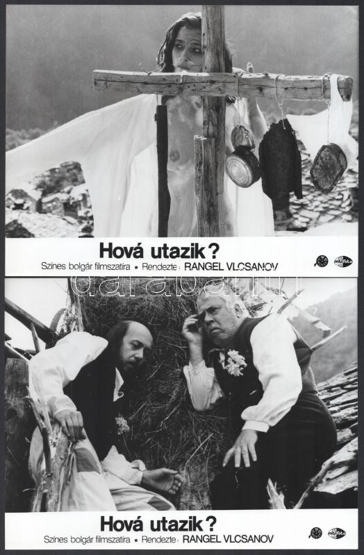 cca 1989 előtt készült ,,Hová utazik?' című bolgár filmszatíra jelenetei és szereplői, 6 db vintage produkciós filmfotó, ezüst zselatinos fotópapíron, a használatból eredő - esetleges - kisebb hibákkal, 18x24 cm