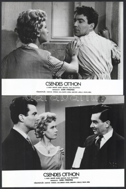 cca 1958 ,,Csendes otthon' című magyar film jelenetei és szereplői (köztük Zenthe Ferenc, Galambos Erzsi, Ungvári László, Psota Irén), 17 db vintage produkciós filmfotó, ezüst zselatinos fotópapíron, a használatból eredő -