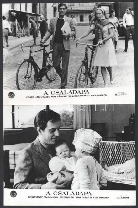 cca 1972 ,,A családapa' című olasz - francia film jelenetei és szereplői (köztük Leslie Caron és Nino Manfredi), 13 db vintage produkciós filmfotó, ezüst zselatinos fotópapíron, a használatból eredő - esetleges - kisebb hibákkal,