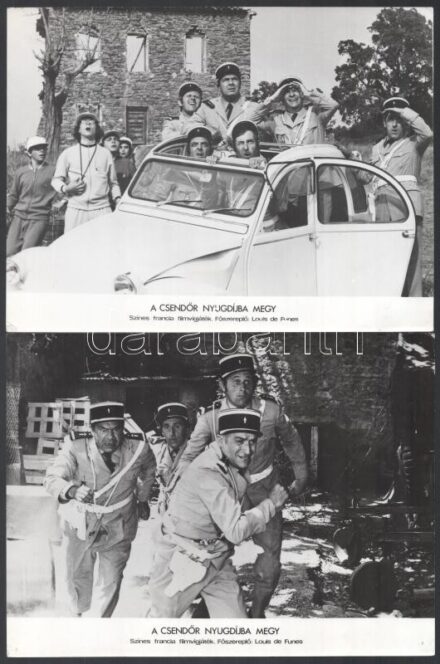 cca 1965 ,,A csendőr nyugdíjba megy' című francia filmvígjáték jelenetei és szereplői (köztük Louis de Funes), 9 db vintage produkciós filmfotó, ezüst zselatinos fotópapíron, a használatból eredő - esetleges - kisebb hibákkal,