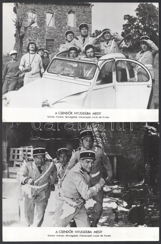cca 1965 ,,A csendőr nyugdíjba megy' című francia filmvígjáték jelenetei és szereplői (köztük Louis de Funes), 9 db vintage produkciós filmfotó, ezüst zselatinos fotópapíron, a használatból eredő - esetleges - kisebb hibákkal,