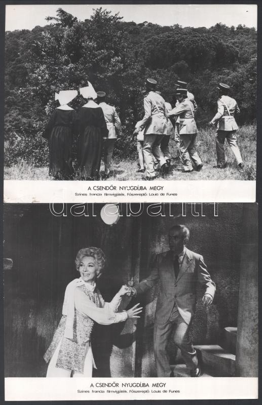 cca 1965 ,,A csendőr nyugdíjba megy' című francia filmvígjáték jelenetei és szereplői (köztük Louis de Funes), 9 db vintage produkciós filmfotó, ezüst zselatinos fotópapíron, a használatból eredő - esetleges - kisebb hibákkal, - Image 2