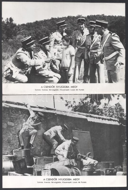 cca 1965 ,,A csendőr nyugdíjba megy' című francia filmvígjáték jelenetei és szereplői (köztük Louis de Funes), 9 db vintage produkciós filmfotó, ezüst zselatinos fotópapíron, a használatból eredő - esetleges - kisebb hibákkal, - Image 3