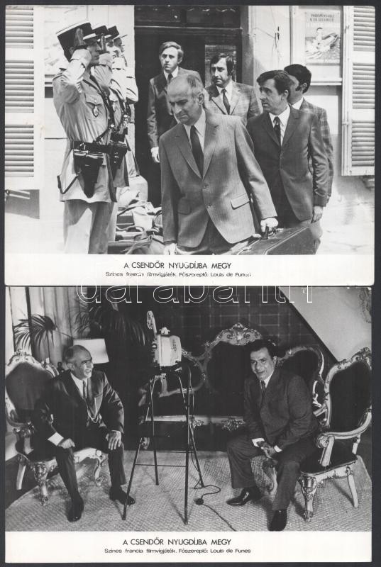 cca 1965 ,,A csendőr nyugdíjba megy' című francia filmvígjáték jelenetei és szereplői (köztük Louis de Funes), 9 db vintage produkciós filmfotó, ezüst zselatinos fotópapíron, a használatból eredő - esetleges - kisebb hibákkal, - Image 4