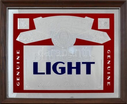 cca. 1970. Budweiser Light Beer tükrös reklámtábla, fa keretben. 40x50 cm
