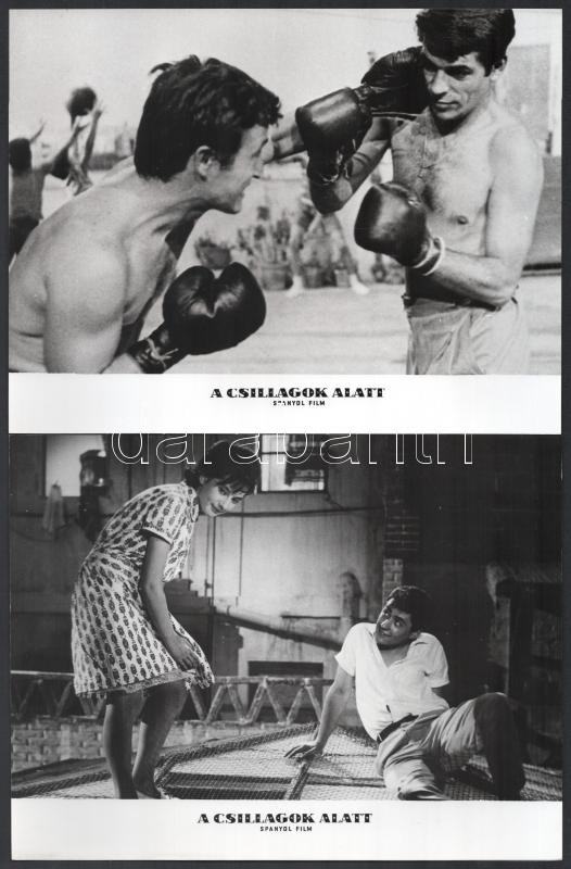 cca 1962 ,,A csillagok alatt' című spanyol film jelenetei és szereplői, 19 db vintage produkciós filmfotó, ezüst zselatinos fotópapíron, a használatból eredő - esetleges - kisebb hibákkal, 18x24 cm