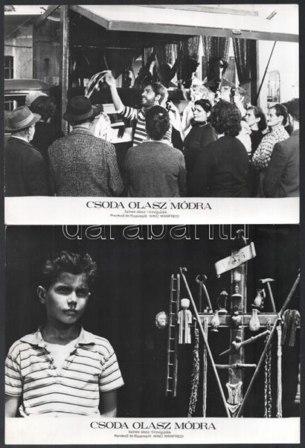 cca 1971 ,,Csoda olasz módra' című olasz filmvígjáték jelenetei és szereplői (köztük Nino Manfredi), 11 db vintage produkciós filmfotó, ezüst zselatinos fotópapíron, a használatból eredő - esetleges - kisebb hibákkal, 18x24 cm