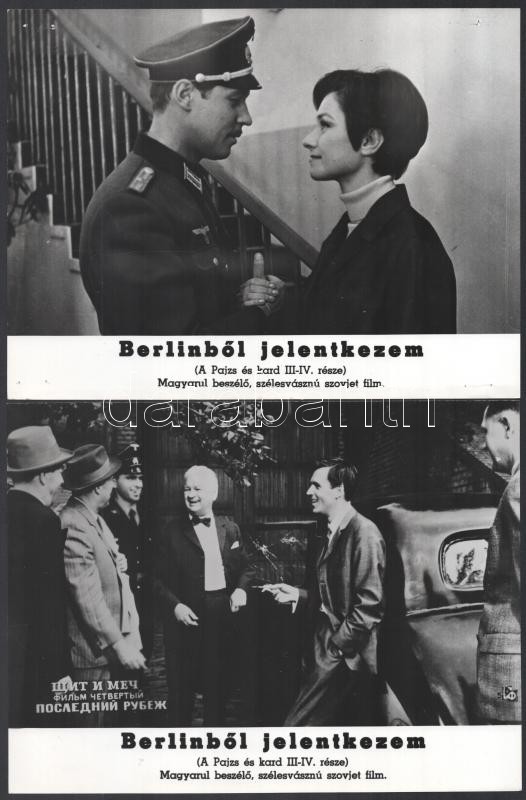cca 1969 ,,Berlinből jelentkezem' című szovjet film jelenetei és szereplői, 17 db vintage produkciós filmfotó, ezüst zselatinos fotópapíron, a használatból eredő - esetleges - kisebb hibákkal, + hozzáadva egy szöveges kisplakát, - Image 2