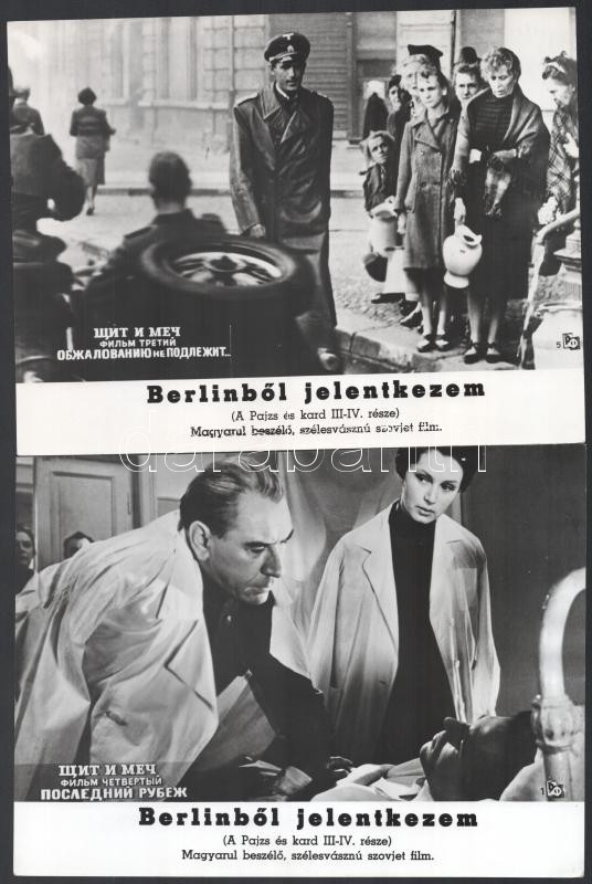 cca 1969 ,,Berlinből jelentkezem' című szovjet film jelenetei és szereplői, 17 db vintage produkciós filmfotó, ezüst zselatinos fotópapíron, a használatból eredő - esetleges - kisebb hibákkal, + hozzáadva egy szöveges kisplakát, - Image 4