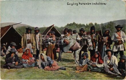Cigány tábor indulása. Zeidner H. kiadása, Brassó (Kronstadt). Erdélyi népviseletek 12. sz. / Transylvanian gypsy folklore