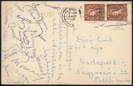 1958 A magyar labdarúgó válogatott tagjai által aláírt képeslap, sok Aranycsapat taggal: Grosics, Ilku, Bozsik, Budai, Mátrai, Fenyvesi, Szepesi, stb. / Autograph signature of the Hungarian national football team. from the World Cup