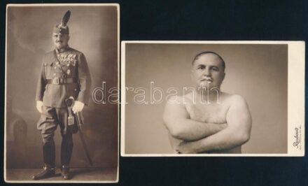 1930-1940 csíkszentgyörgyi Mártonffy Dénes katonatiszt fotója számos kitüntetéssel, valamint birkózós fotója, 2 db fotó,(Bp., Déli Vasút Fényképész, Rosbaud, a hátoldalakon feliratozva, 8x13 cm