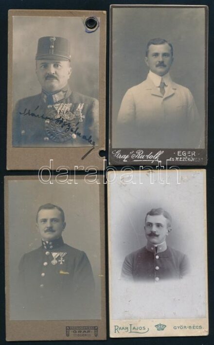 cca 1901-1920 csíkszentgyörgyi Mártonffy Béla (1880-1959) katonatiszt fotóhagyatéka, 5 db, (a győri 19. ezred hadnagya, főhadnagya, majd később az egri 60. gyalogezred alezredese), keményhátú fotók, az egyik aláírt, de a