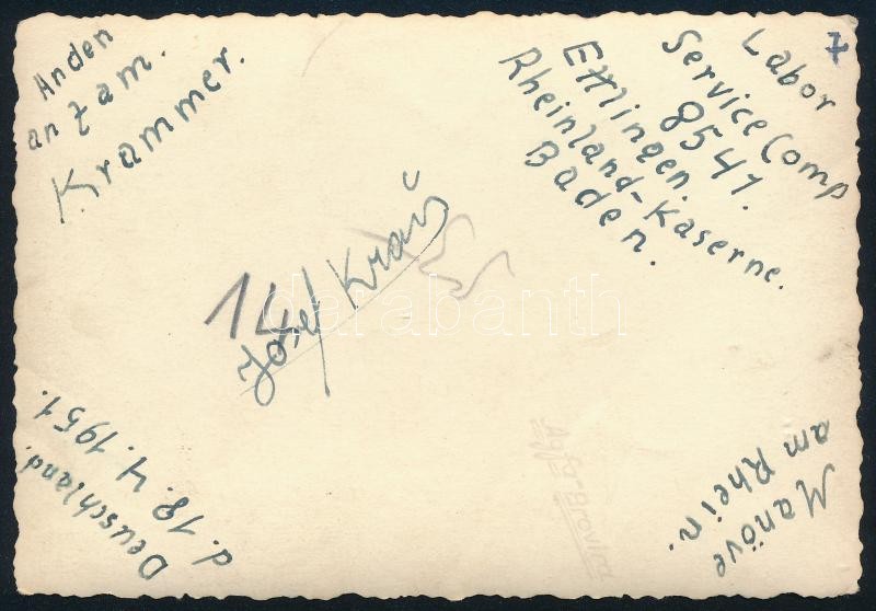 1951 Manőver a Rajnán, hátoldalon feliratozott fotó, kissé foltos, 7×9,5 cm - Image 2
