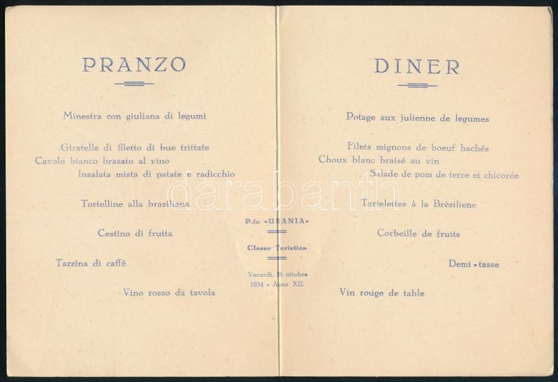 cca 1940 Cosulich Line 4 db hajós menűkártya / 4 ship menu cards Urania hajó - Image 3