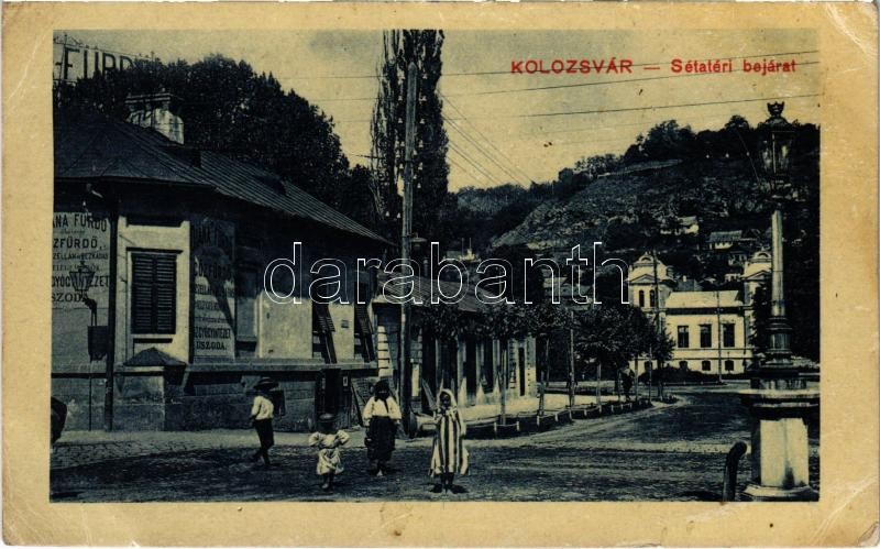 Kolozsvár, Cluj; Sétatéri bejárat, Diána fürdő, gőzfürdő uszoda és vízgyógyintézet / promenade entry, spa (EK)