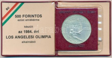 1984. 500Ft Ag 'Nyári Olimpiai Játékok - Los Angeles' eredeti tokban, tanúsítvánnyal T:BU patina Adamo EM79
