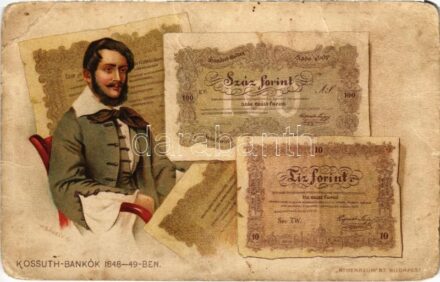 1916 Kossuth-bankók 1848-49-ben. Jelenetek Kossuth Lajos élete történetéből I. kiadás IV. kép / Kossuth bank notes from 1848-49. Scenes from the life of Lajos Kossuth. Athenaeum rt. litho s: K. Sávely D. (gyűrődések / creases)