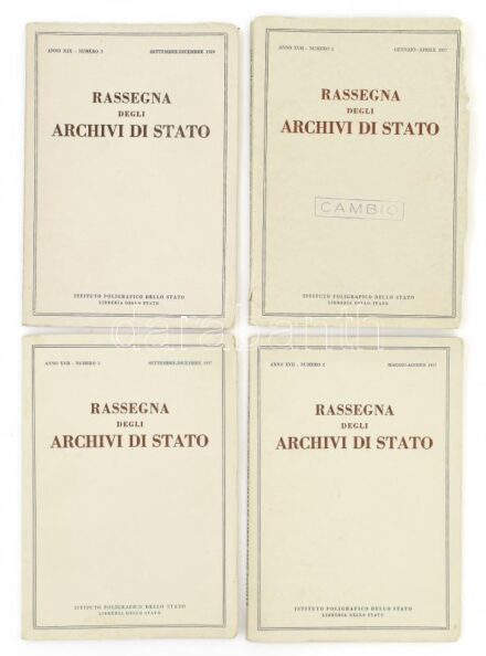 1957-1959 Rassegna degli Archivo di Stato. Anno XVII, No. 1-3. + Anno XIX, No. 3. (4 db). Istituto Poligrafico dello Stato-Libreria dello Stato. Olasz nyelven. Fekete-fehér fotókkal illusztrálva. Kiadói papírkötés, vegyes állapotban, az