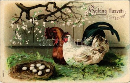 Boldog húsvéti ünnepeket! Tyúk kakassal és tojásokkal. Dombornyomott litho / Easter greetings with chicken and eggs. Emb. litho