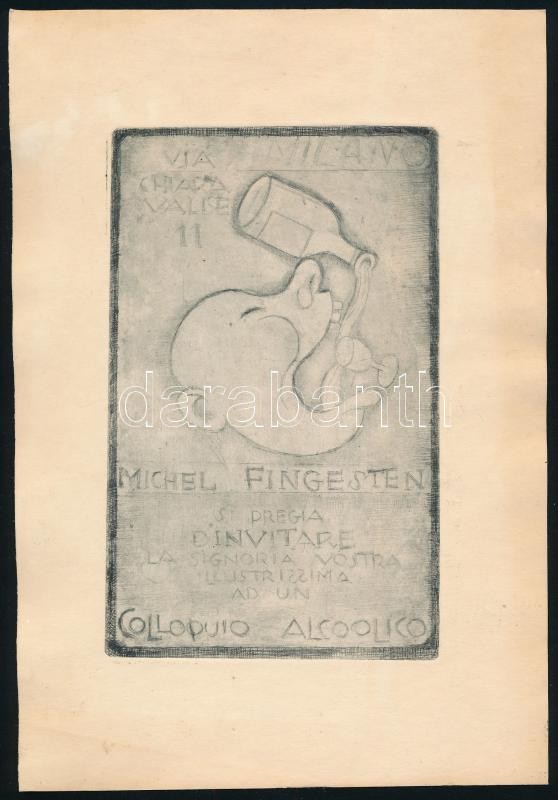 cca 1930 Fingestein Michel (1884-1943) Ex libris MIchel Fingestein. Ex Libris. Jelzett a dúcon. Rézmetszet / Engraving, signed 15,5x9,5 cm