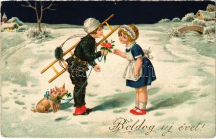Boldog új évet! Kéményseprő malacokkal / New Year greeting, chimney sweeper with pigs. EAS 1102. litho (EK)
