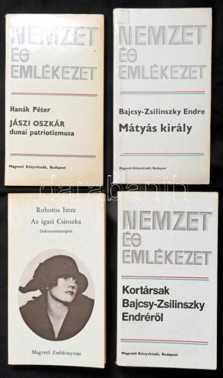 Nemzet és Emlékezet, 3 kötet: Bajcsy-Zsilinszky Endre: Mátyás király; Kortársak Bajcsy-Zsilinszky Endréről; Hanák Péter: Jászi Oszkár dunai patriotizmusa. + Robotos Imre: Az igazi Csinszka. Dokumentumriport. Bp., 1975-1985, Magvető.