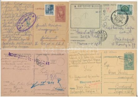 6 db magyar második világháborús zsidó KMSZ (közérdekű munkaszolgálatos) tábori posta munkatáborból 1940 és 1944 közötti időszakból (Földes József, Holzmann Jenő, Fehér Ernő, Benedek Árpád, Grosz Jenő, Steinhoff Sándor / 6