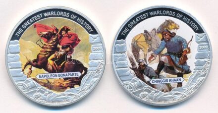 Libéria 2009. 5$ ezüstözött Cu 'Nagy Hadvezérek - Bonaparte Napóleon' multicolor, tanúsítvánnyal + 2009. 5$ ezüstözött Cu 'A történelem legnagyobb hadurai - Dzsingisz kán' részben multicolor festéssel, tanúsítvánnyal T:PP