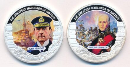 Palau 2013. 1$ ezüstözött Cu 'A történelem legnagyobb hadurai - John Jellicoe' részben multicolor festéssel, tanúsítvánnyal + Palau 2014. 1$ ezüstözött Cu 'A történelem legnagyobb hadurai - Fyodor Ushakov' részben multicolor