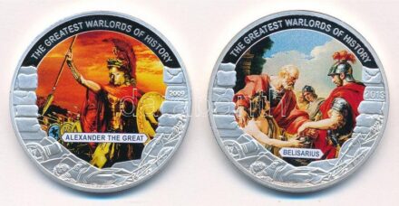 Libéria 2009. 5$ ezüstözött Cu 'A történelem legnagyobb hadurai - Nagy Sándor' részben multicolor festéssel, tanúsítvánnyal + Palau 2013. 1$ ezüstözött Cu 'A történelem legnagyobb hadurai - Belisarius' részben multicolor