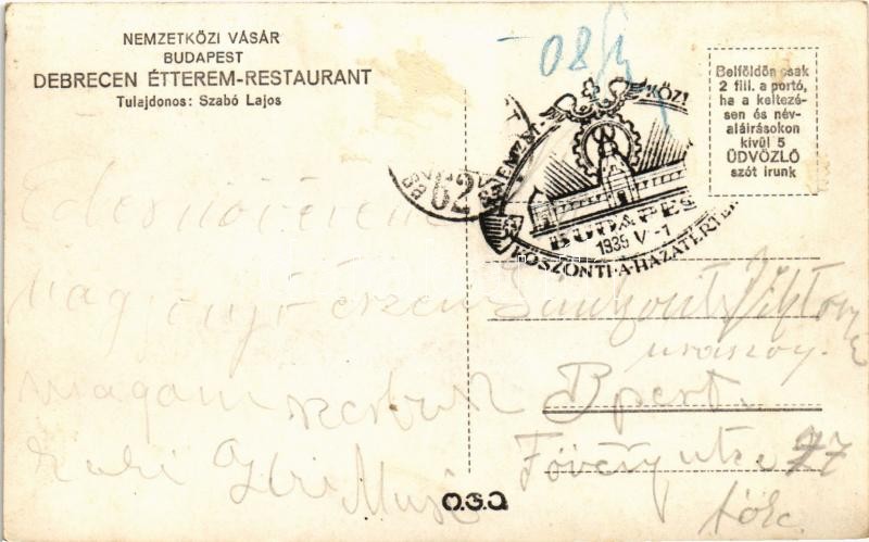 1939 Budapest XIV. Nemzetközi Vásár, Szabó Lajos Debrecen étterem pavilonja, Dreher sörök + So. Stpl - Image 2
