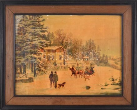 cca 1900 Vadászok kutyával. Nyomat, papír, jelzés nélkül, sérült. Dekoratív, üvegezett, kissé kopott fakeretben. 40x51,5 cm
