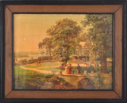 cca 1900 Vadászkastély parkjában. Nyomat, papír, jelzés nélkül, sérült. Dekoratív, üvegezett, kissé kopott fakeretben. 40x52 cm