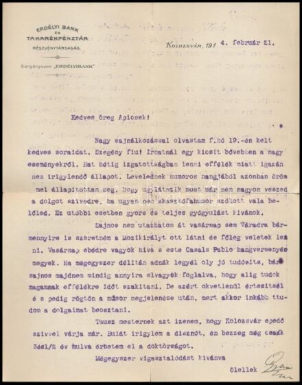 1914 Kolozsvár, Erdélyi Bank és Takarékpénztár Rt. fejléces papírja, 1914. feb. 21., hajtott, kis szakadással, rajta gépelt levéllel.