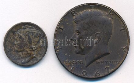 Amerikai Egyesült Államok 1943. 1d Ag 'Mercury' + 1967. 1/2$ Ag 'Kennedy' T:2-,2 durva patina USA 1943. Dime Ag 'Mercury' + 1967. 1/2 Dollar Ag 'Kennedy' C:VF,XF strong patina Krause KM#140