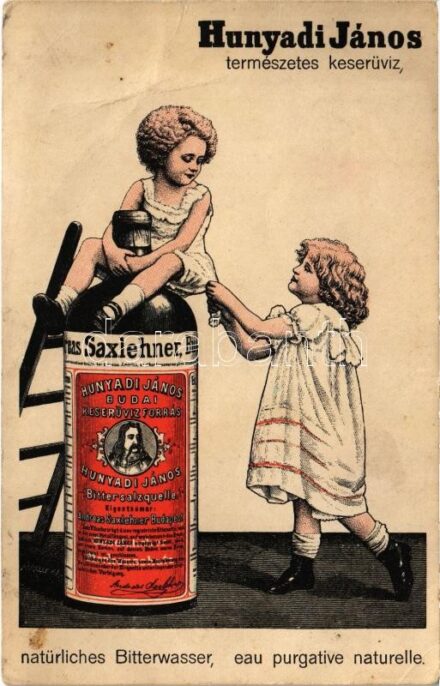 Saxlehner András Hunyadi János természetes keserűvíz reklámlapja / Hungarian mineral water advertisement (gyűrődések / creases)
