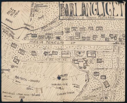 1910 Magas Tátra, Barlangliget gyógyfürdő térképe, rajzolta Bary Zoltán, kézzel rajzolt térkép, kézzel írt jelmagyarázattal, hajtottak, kis szakadással, 17x21 cm. (Feltehetőleg: Bary Zoltán (1892-1986) nagyváradi születésű