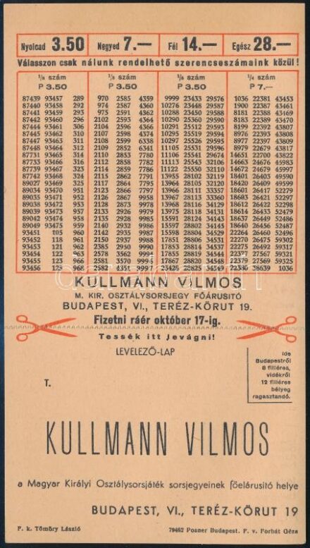 Kullmann Vilmos m. kir. osztálysorsjegy főárusító megrendelőlap