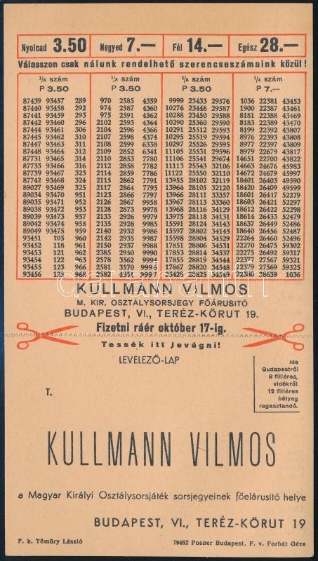 Kullmann Vilmos m. kir. osztálysorsjegy főárusító megrendelőlap