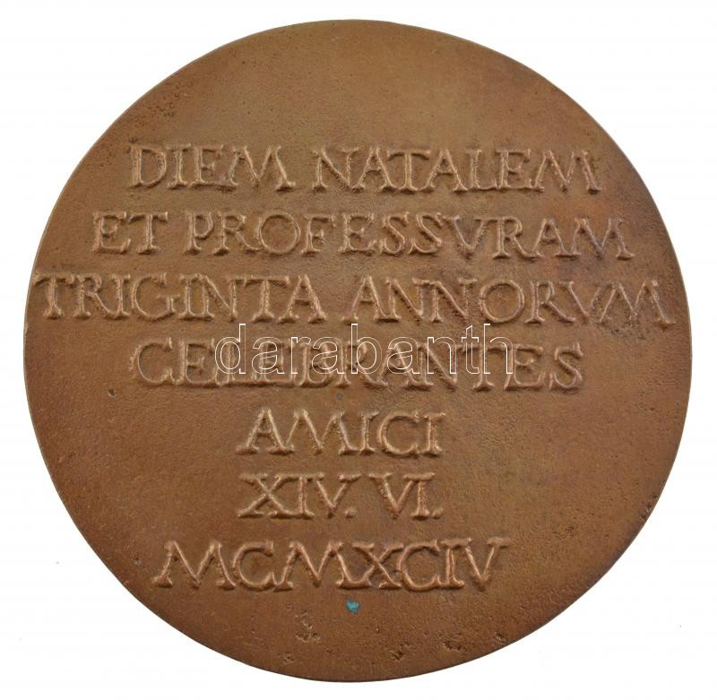 Csíkszentmihályi Róbert (1940-2021) 1994. 'BÉLAE FLERKÓ SEPTVAGENARII / DIEM NATALEM - ET PROFESSVRAM - TRIGINTA ANNORVM - CELEBRANTES - AMICI - XIV. VI. - MCMXCIV' kétoldalas öntött bronz emlékérem (69mm) T:2 patina, előoldalán - Image 2