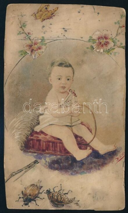 cca 1890 Budapest, kézzel színezett babaportré, keményhátú fotó Kovács Ferenc műterméből, vágott, 18×10,5 cm