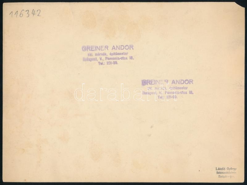 Építkezés, hátoldalon pecséttel jelzett fotó (László György felvétele), Greiner Andor okl. mérnök pecsétjével, sarokhiánnyal, 17,5×23,5 cm - Image 2