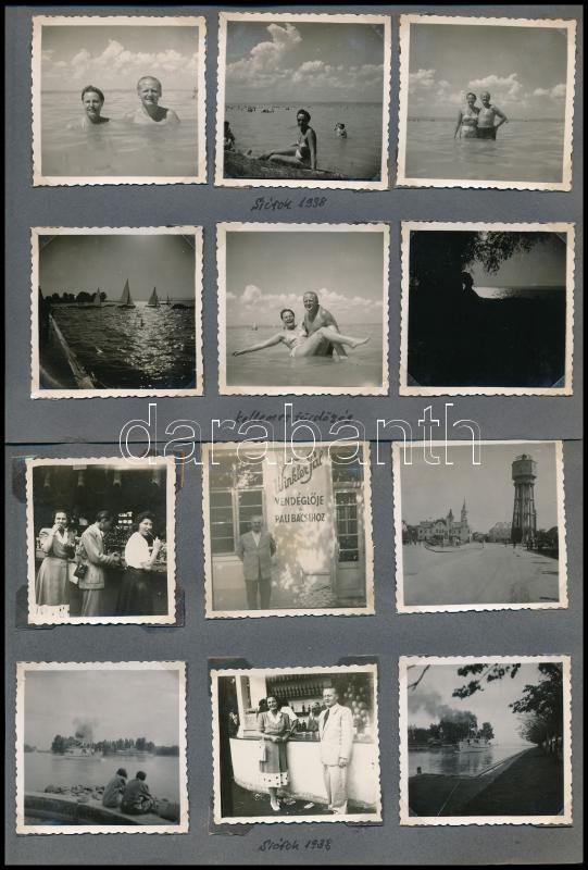 1938 Siófok, siófoki részletek, fürdőzők, vitorlázás, 24 db fotó albumlapokon, 6×6 cm - Image 2